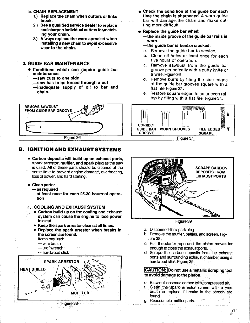 Guide bar maintenance, B, ignition and exhaust systems, B. ignition and exhaust systems | M ilfl lu | Poulan 3400 User Manual | Page 17 / 28