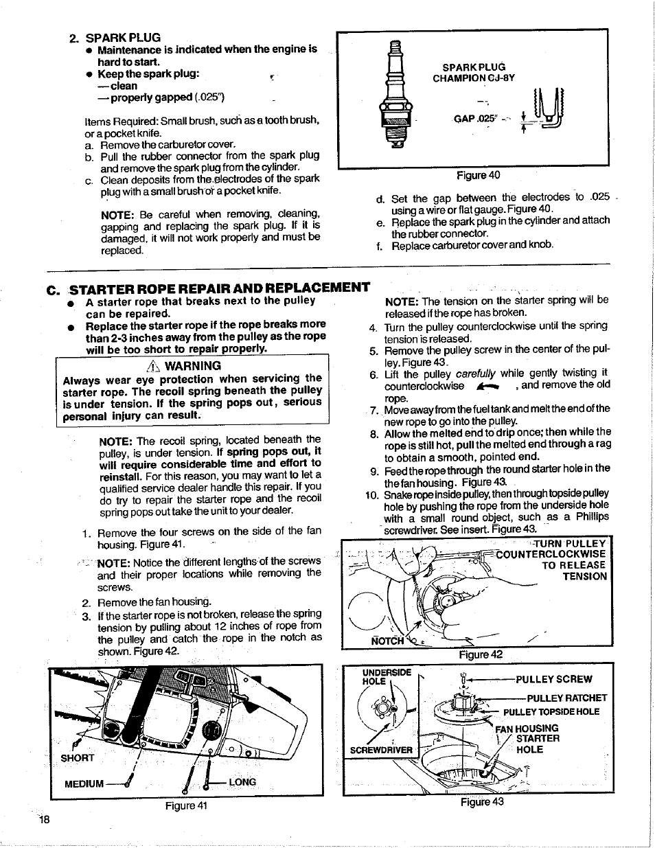 Sparkplug, C. starter rope repair and replacement | Poulan 3400 User Manual | Page 18 / 28