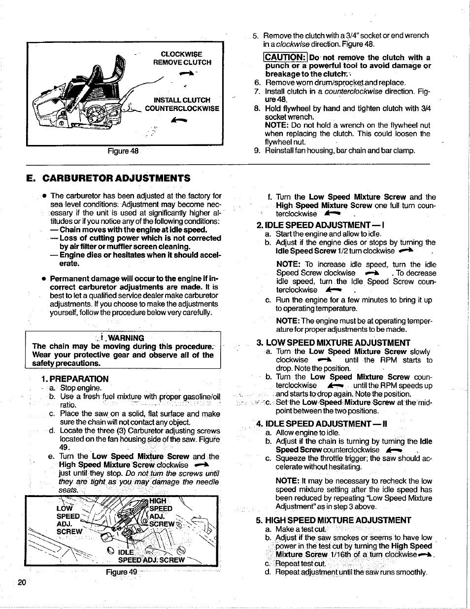 E. carburetor adjustments, Tviiarning, Preparation | Idle speed adjustment— i, Low speed mixture adjustment, Idle speed adjustment—ii, High speed mixture adjustment | Poulan 3400 User Manual | Page 20 / 28