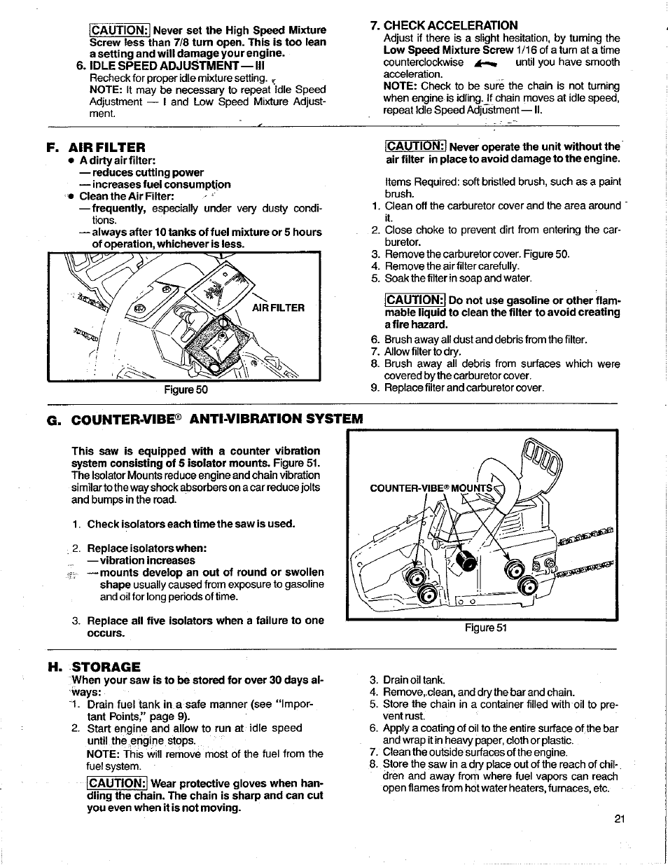 Idle speed adjustment—iii, Check acceleration, Air filter | G. counter-vibe® anti-vibration system, H. storage | Poulan 3400 User Manual | Page 21 / 28