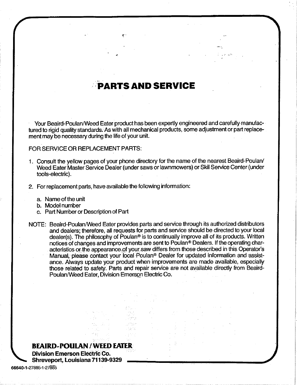 Parts and service | Poulan 3400 User Manual | Page 28 / 28