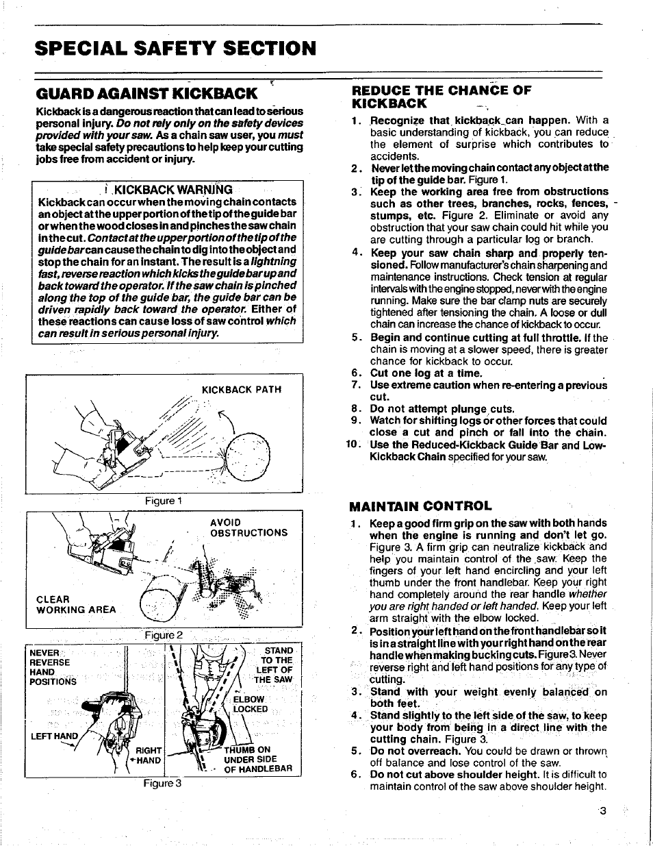 Special safety section, Reduce the chance of kickback, Maintain control | Guard against kickback | Poulan 3400 User Manual | Page 3 / 28