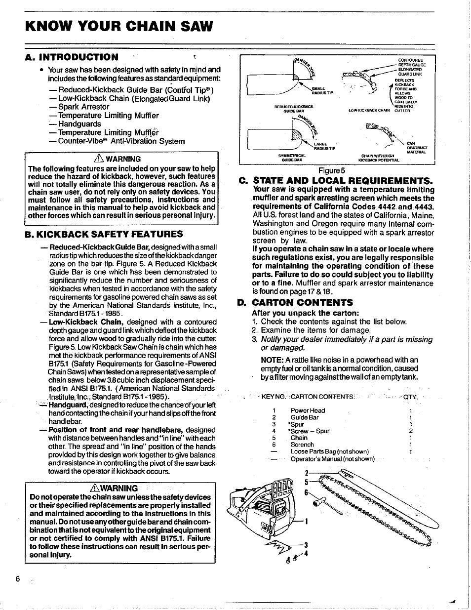 Know your chain saw, A. introduction, B. kickback safety features | State and local requirements, Carton contents, D. state and local requirements | Poulan 3400 User Manual | Page 6 / 28