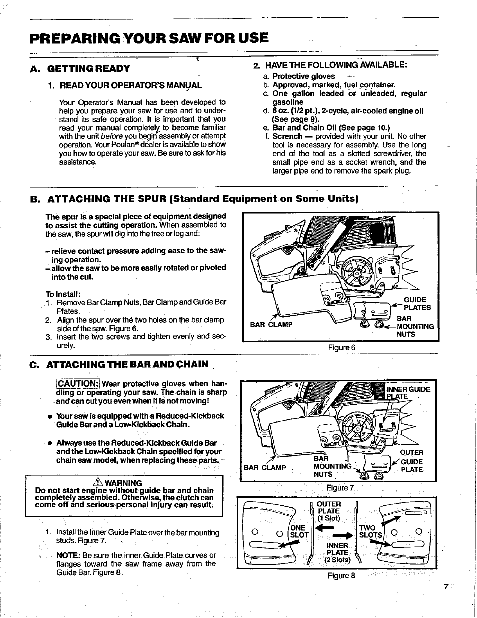 Preparing your saw for use, A. getting ready, Read your operator’s manual | C. attaching the bar and chain | Poulan 3400 User Manual | Page 7 / 28