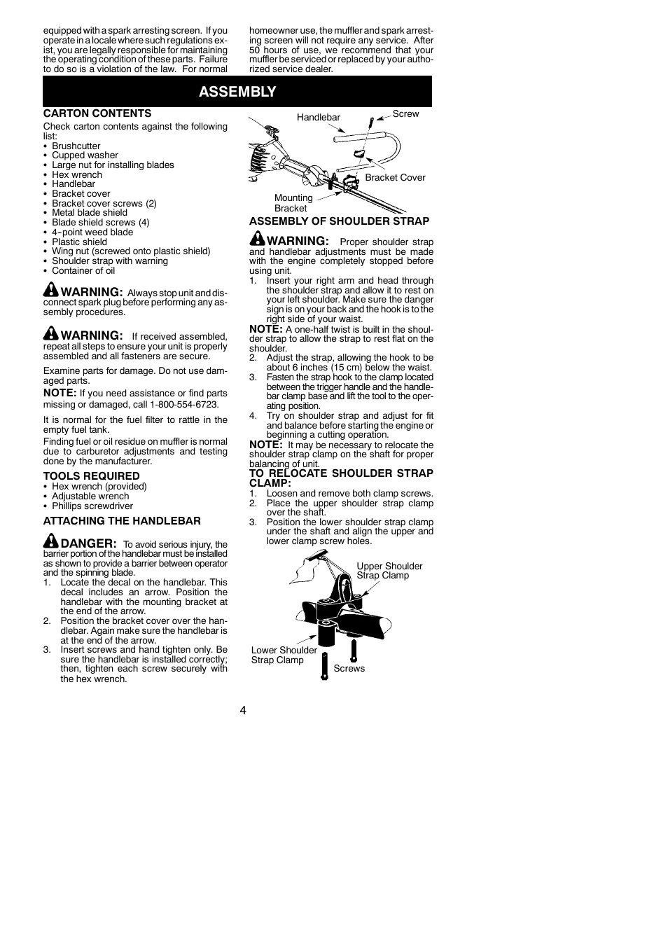 Assembly, Warning, Danger | Poulan BC3150 User Manual | Page 4 / 16