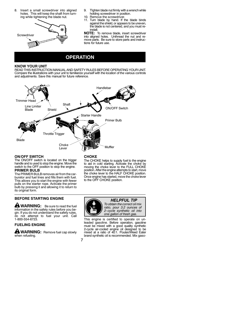 Operation, Warning, Helpful tip | Poulan BC3150 User Manual | Page 7 / 16
