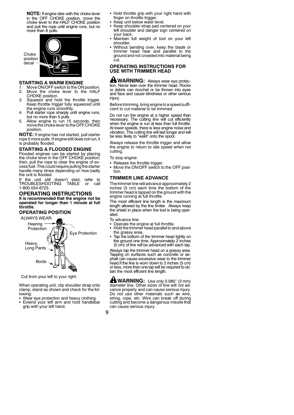 Operating instructions, Warning | Poulan BC3150 User Manual | Page 9 / 16
