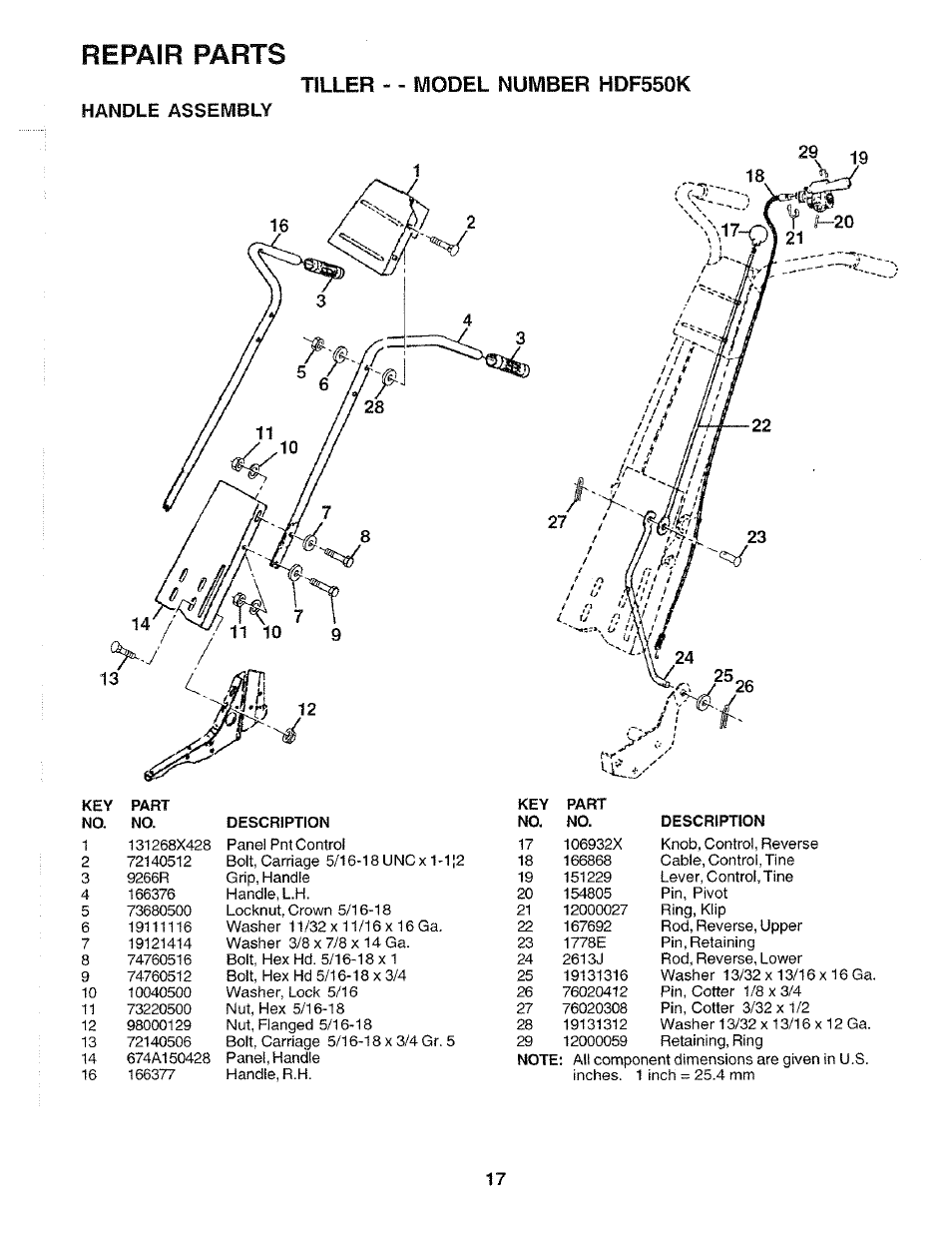 Repair parts, Tiller - - model number hdf550k, Handle assembly | Poulan HDF550K User Manual | Page 17 / 24