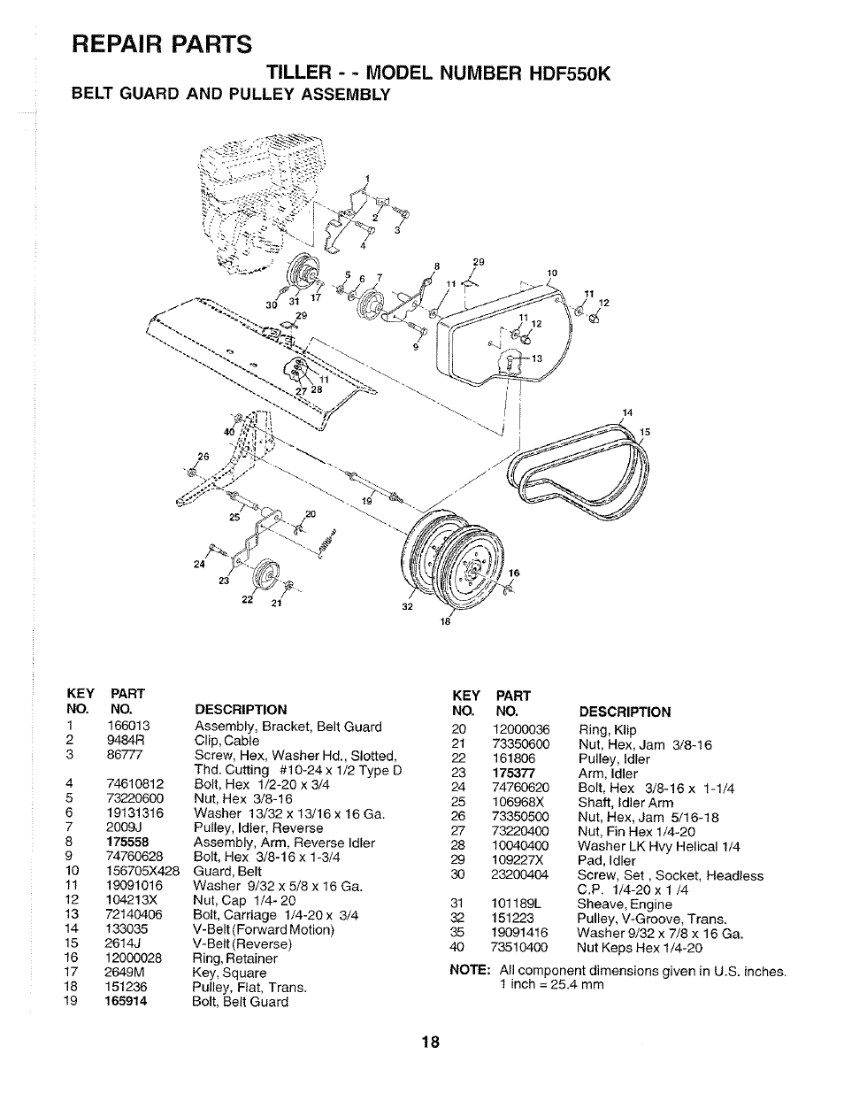 Tiller - - model number hdf550k, Repair parts, Belt guard and pulley assembly | Poulan HDF550K User Manual | Page 18 / 24