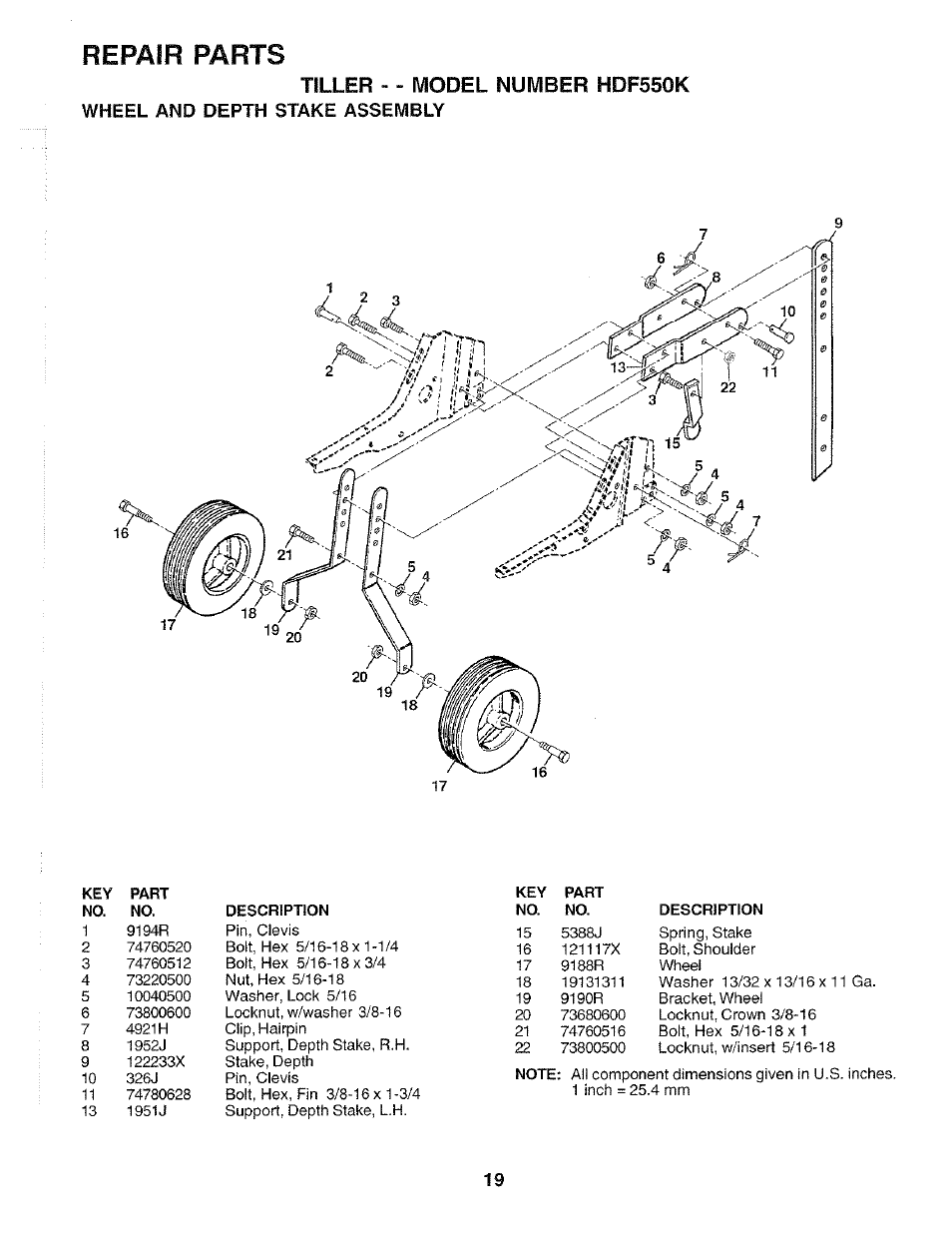 Tiller - - model number hdf550k, Wheel and depth stake assembly, Repair parts | Poulan HDF550K User Manual | Page 19 / 24