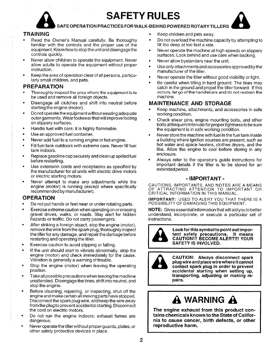 Safety rules, Training, Preparation | Operation, Maintenance and storage, Important, Safety, Rules, Warning | Poulan HDF550K User Manual | Page 2 / 24