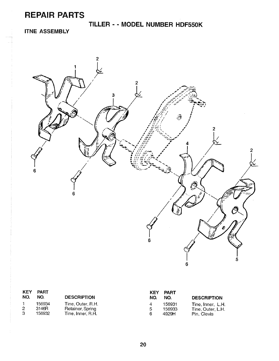 Itne assembly, Repair parts, Tiller - - model number hdf550k | Poulan HDF550K User Manual | Page 20 / 24