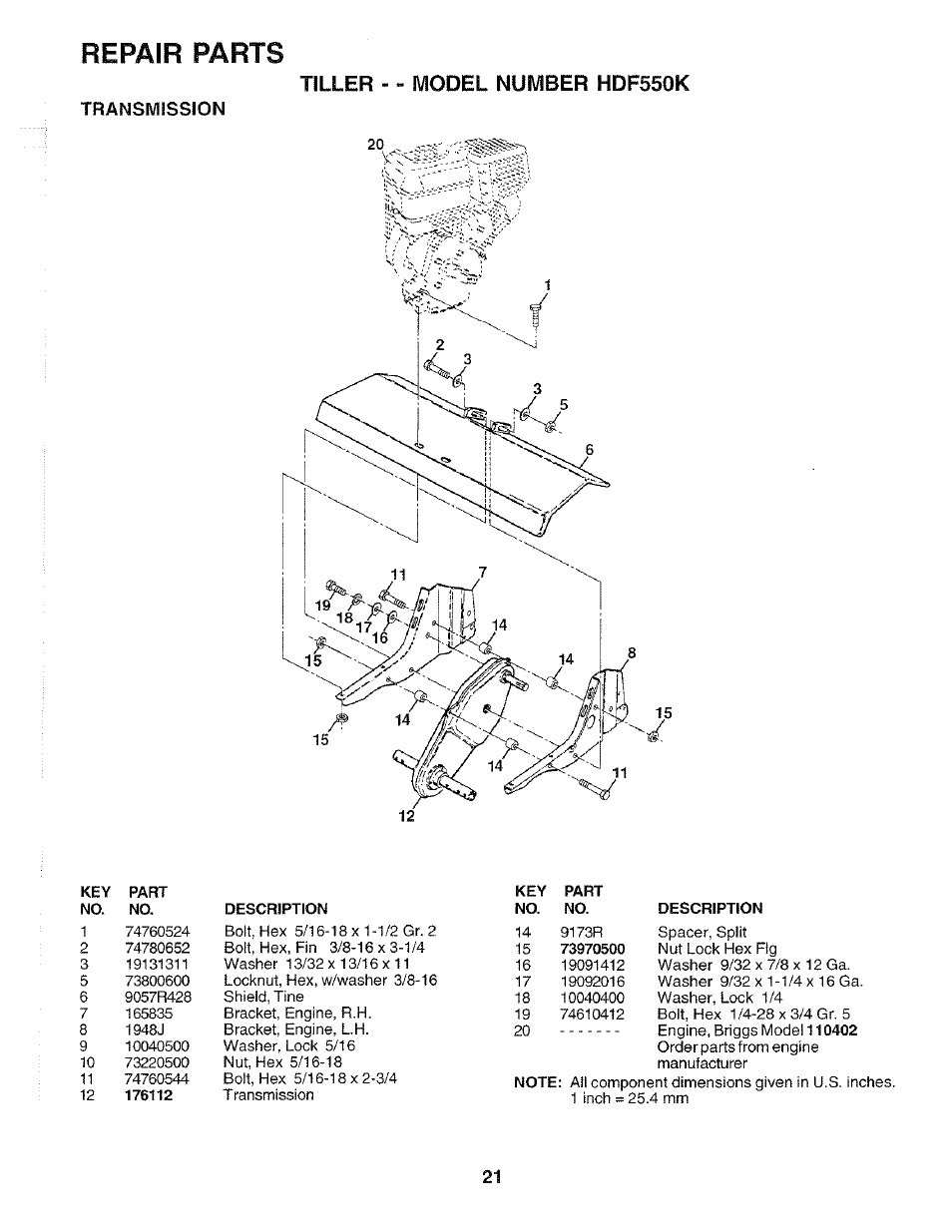 Transmission, Repair parts, Tiller - - model number hdf550k | Poulan HDF550K User Manual | Page 21 / 24