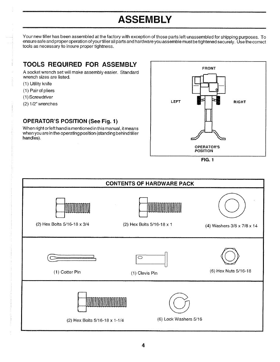 Assembly, Operator’s position (see fig. 1), Tools required for assembly | Poulan HDF550K User Manual | Page 4 / 24