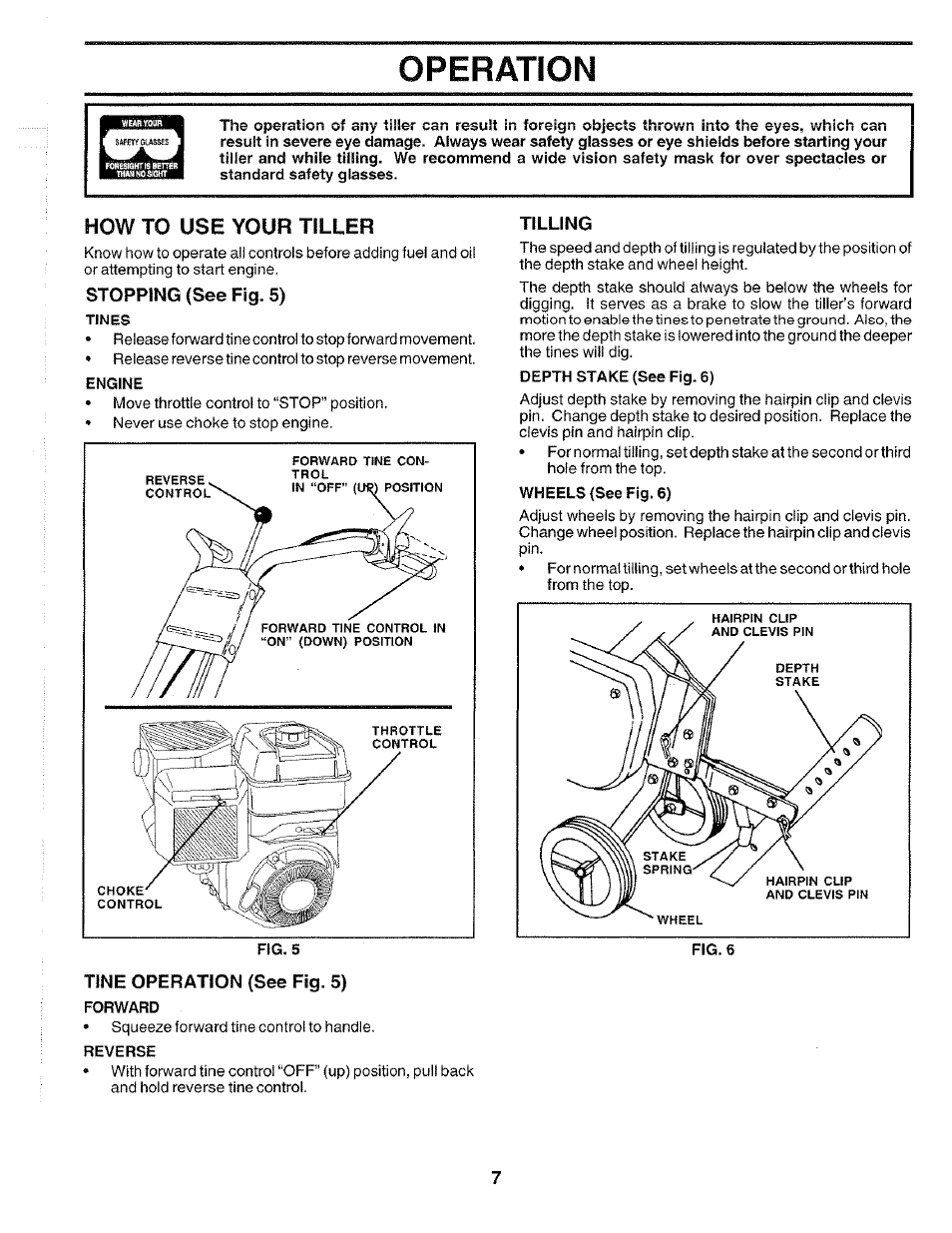 Stopping (see fig. 5), Tine operation (see fig. 5), Tilling | Operation, How to use your tiller | Poulan HDF550K User Manual | Page 7 / 24