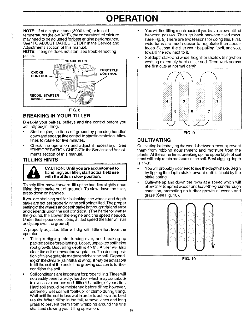 Breaking in your tiller, Tilling hints, Cultivating | Operation | Poulan HDF550K User Manual | Page 9 / 24