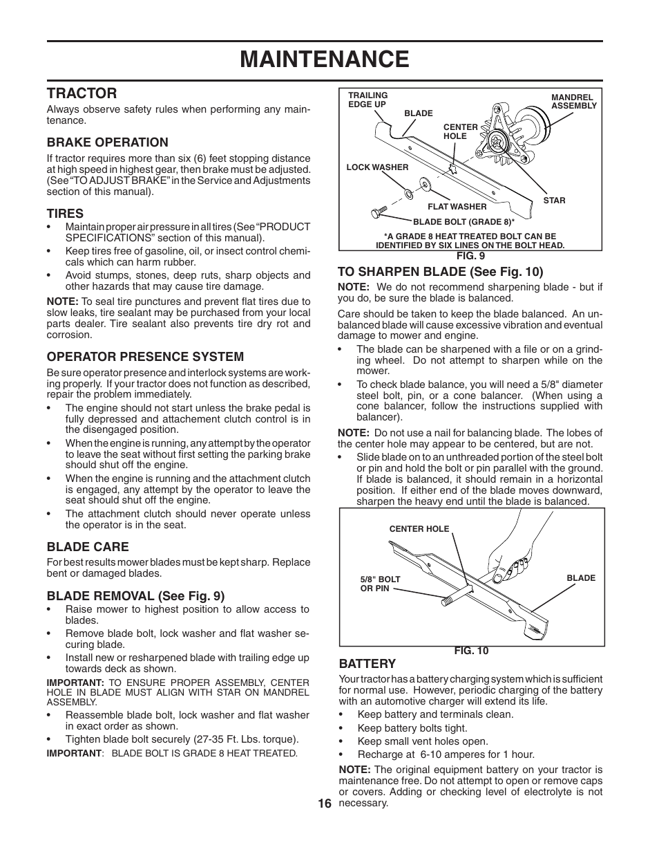 Maintenance, Tractor | Poulan 184217 User Manual | Page 16 / 44