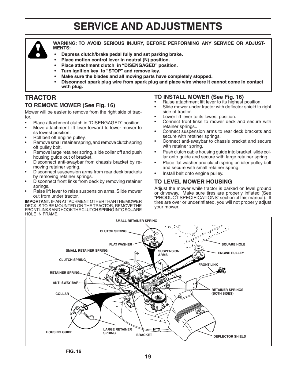 Service and adjustments, Tractor | Poulan 184217 User Manual | Page 19 / 44