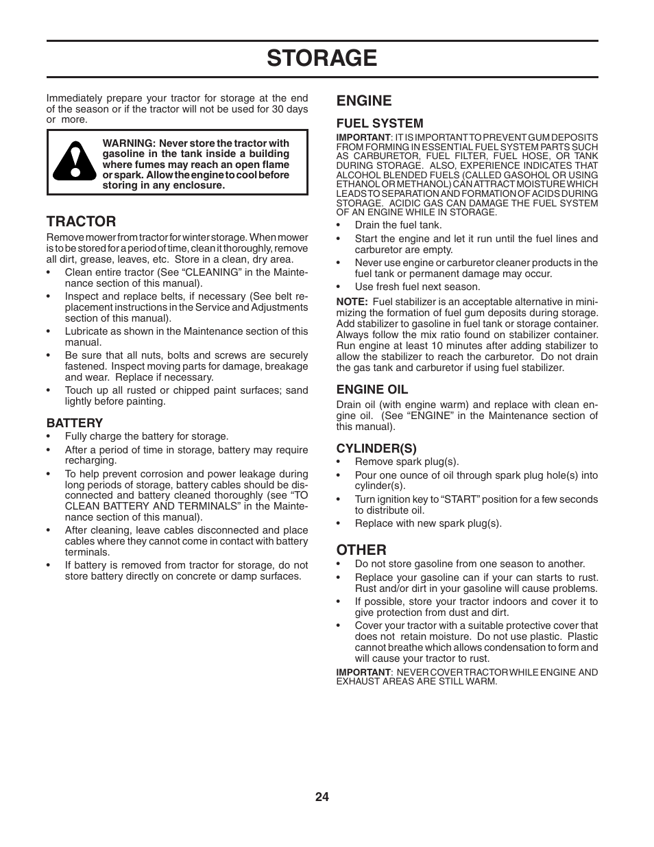 Storage, Tractor, Engine | Other | Poulan 184217 User Manual | Page 24 / 44