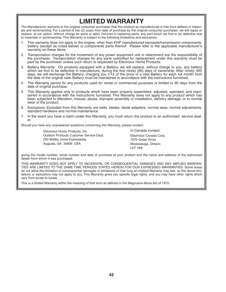 Limited warranty | Poulan 184217 User Manual | Page 42 / 44