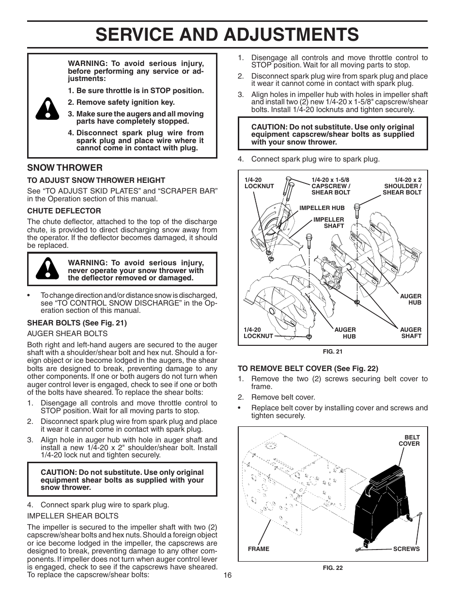 Service and adjustments, Snow thrower | Poulan Pro PP927ESA SNOW THROWER User Manual | Page 16 / 32