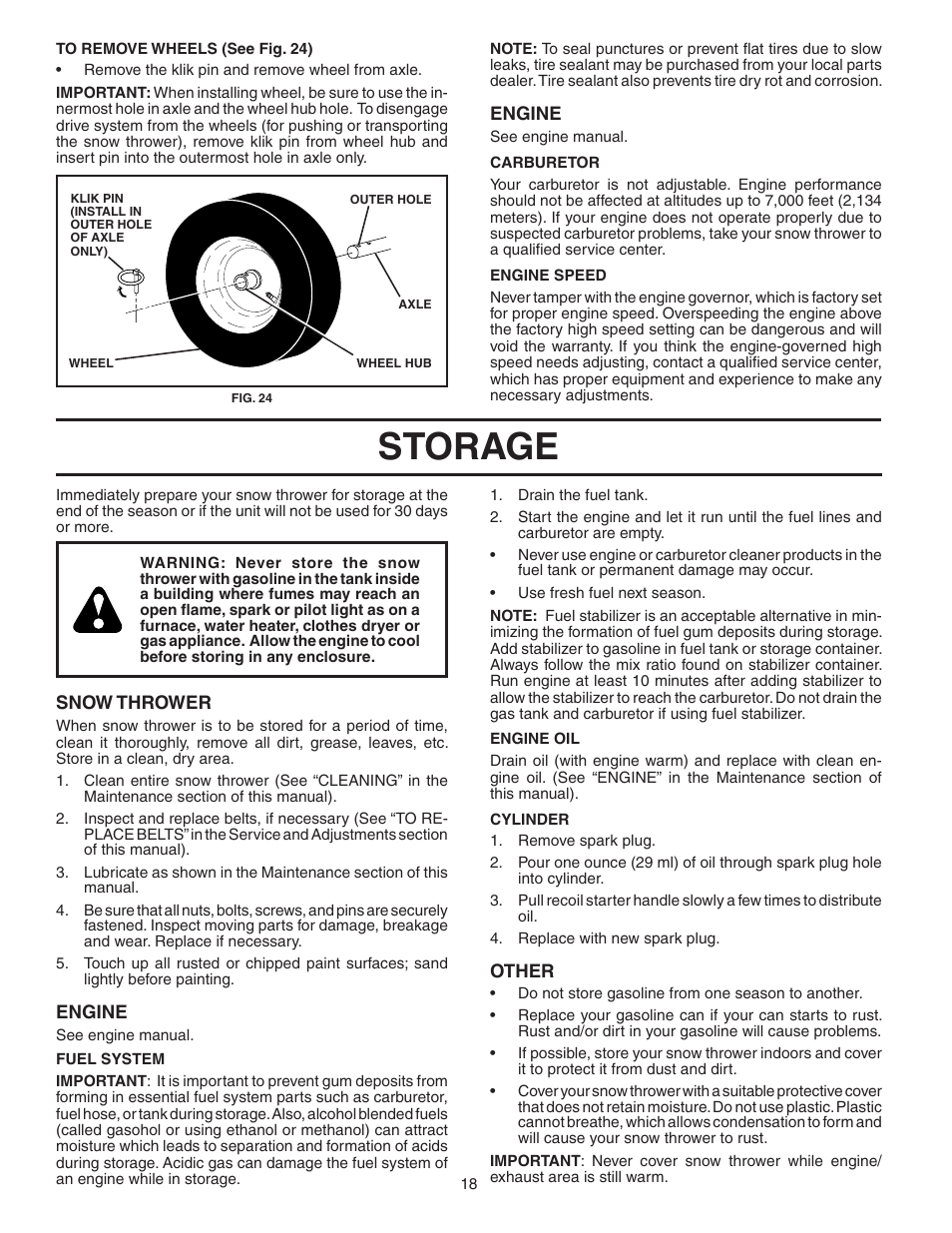 Storage | Poulan Pro PP927ESA SNOW THROWER User Manual | Page 18 / 32