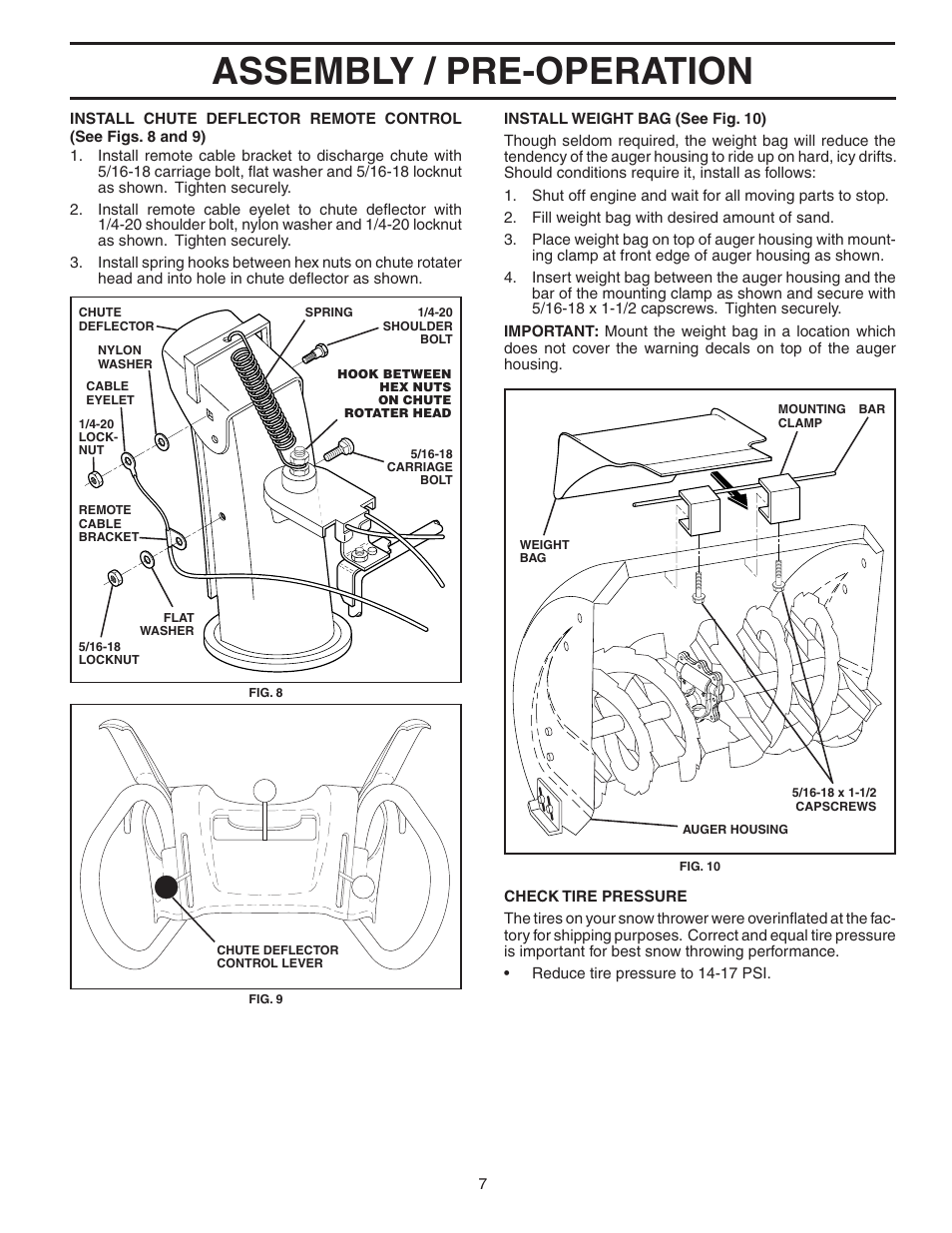 Assembly / pre-operation | Poulan Pro PP927ESA SNOW THROWER User Manual | Page 7 / 32