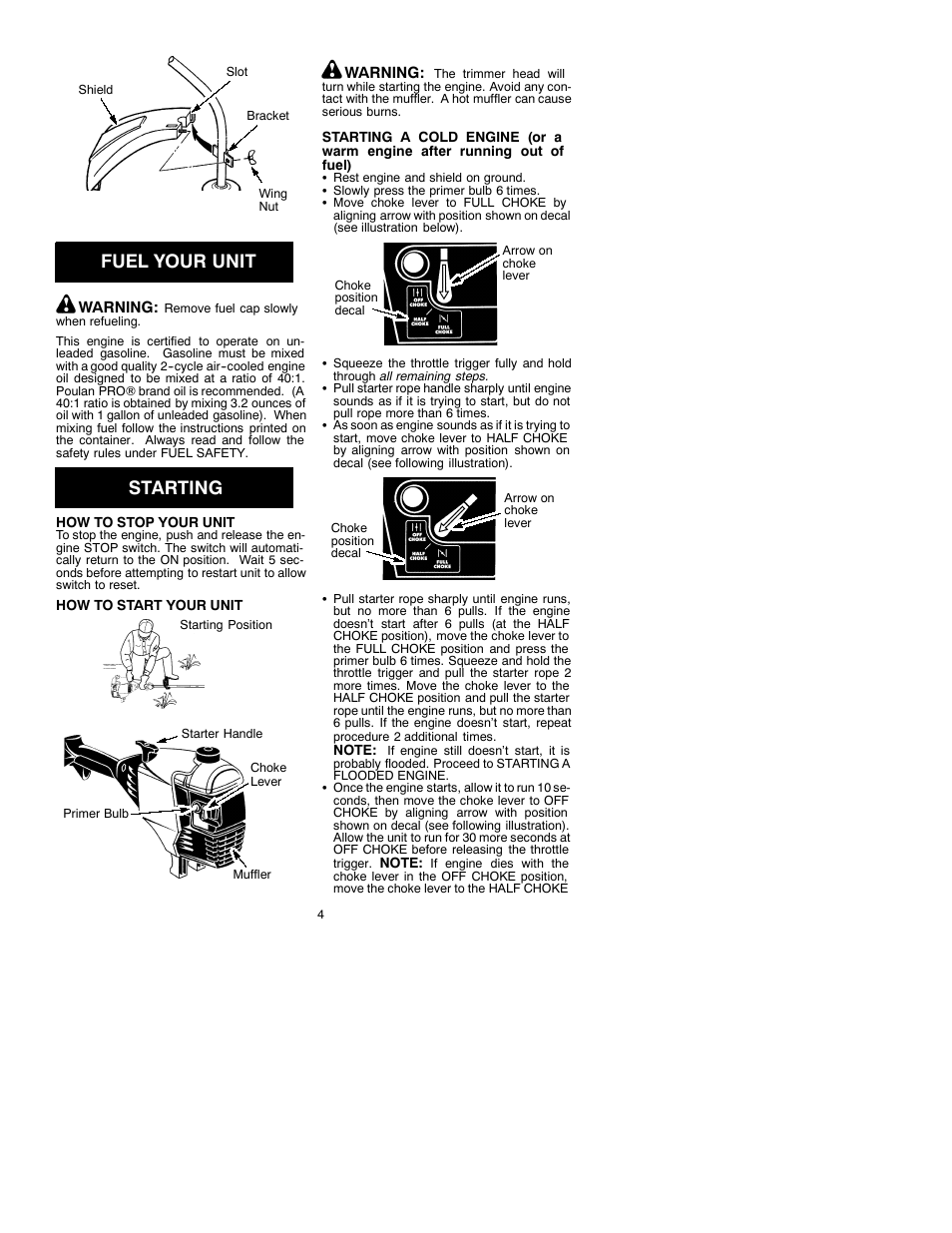 Fuel your unit, Starting | Poulan 33 User Manual | Page 4 / 7