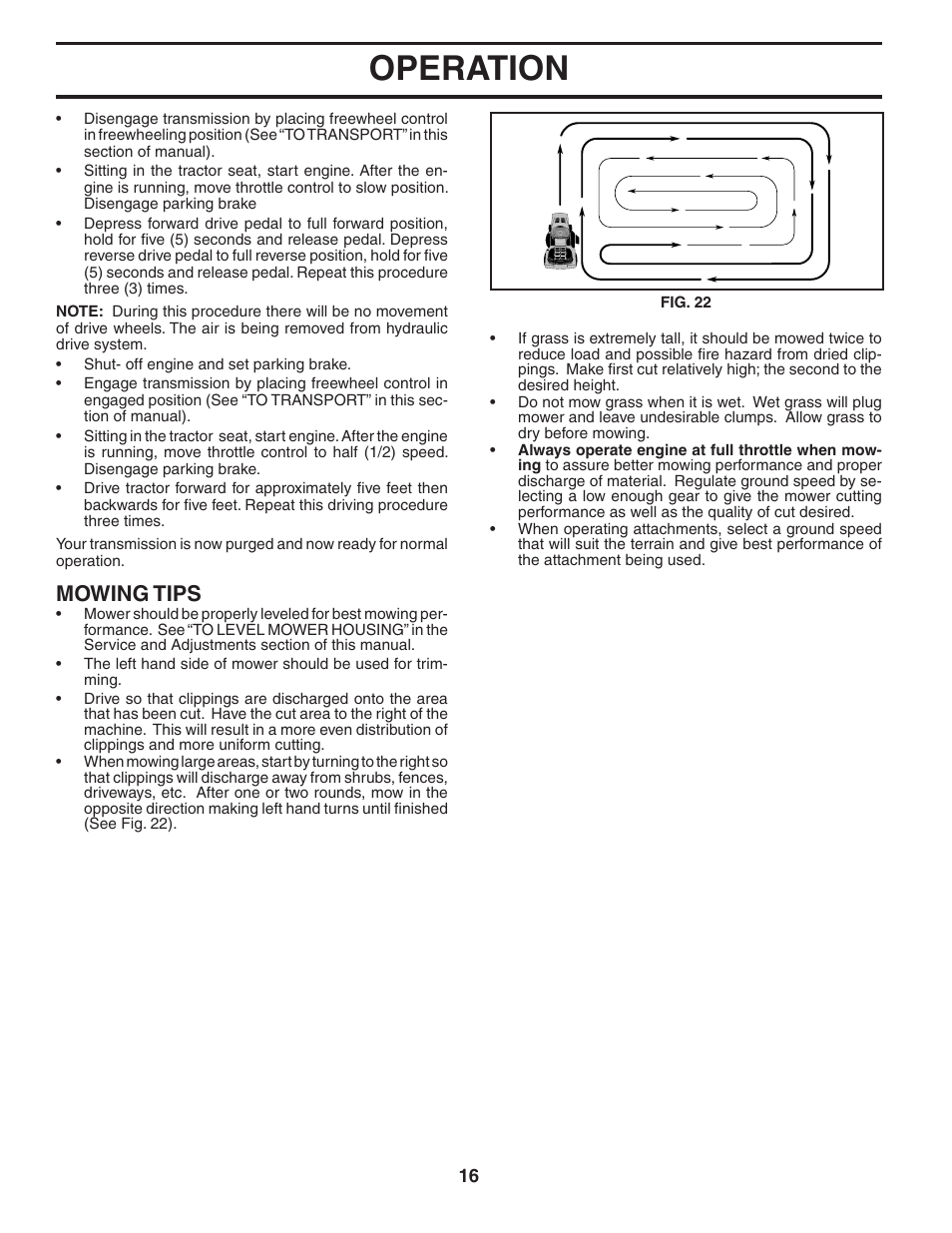 Operation, Mowing tips | Poulan Pro PBGT26H54 LAWN TRACTOR User Manual | Page 16 / 32