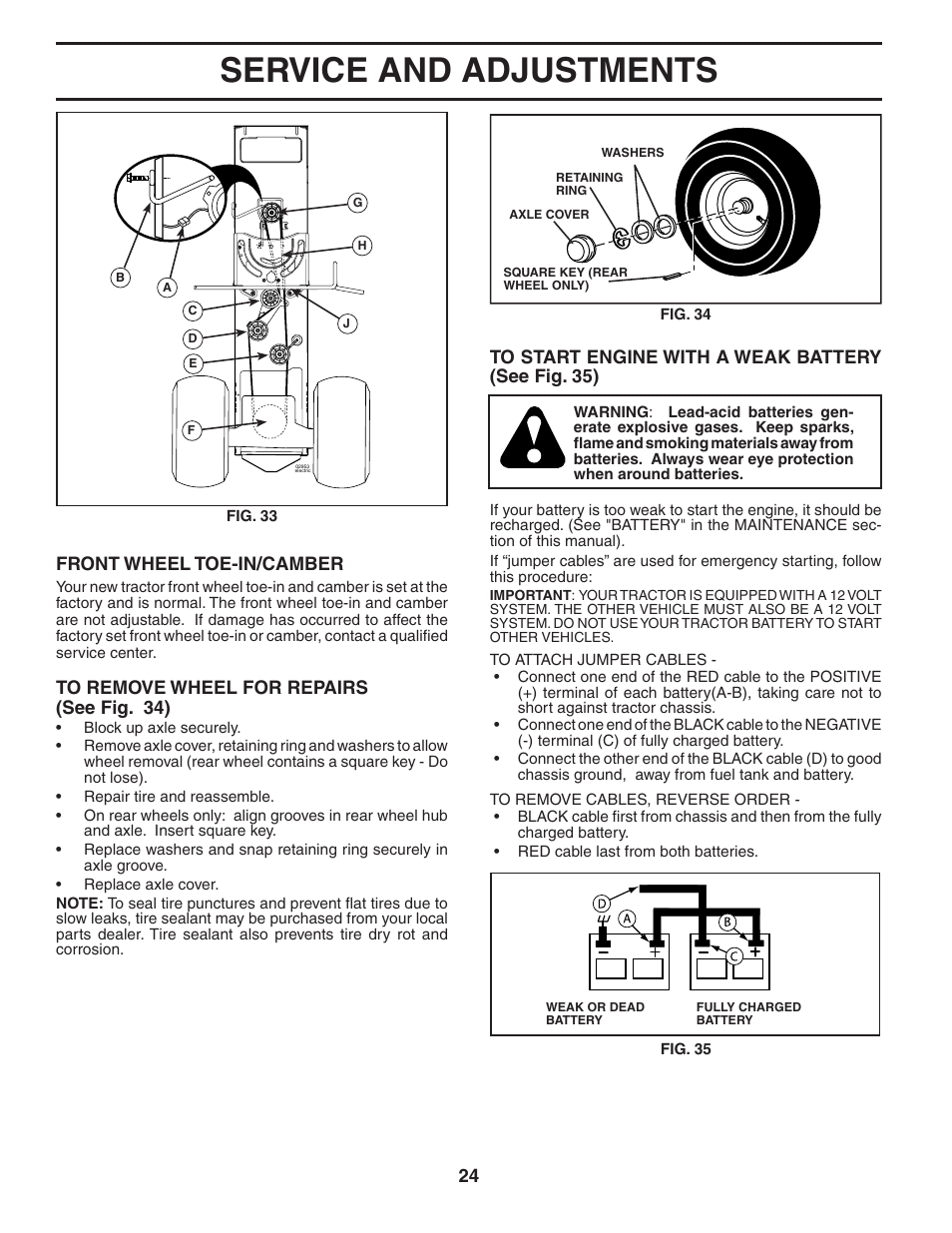 Service and adjustments, Front wheel toe-in/cam ber | Poulan Pro PBGT26H54 LAWN TRACTOR User Manual | Page 24 / 32