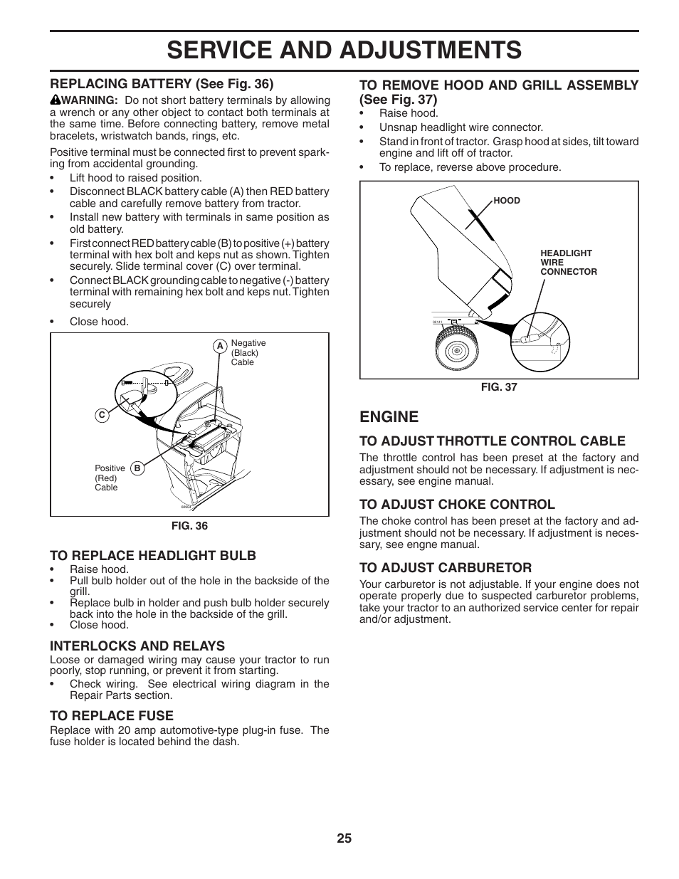 Service and adjustments, Engine | Poulan Pro PBGT26H54 LAWN TRACTOR User Manual | Page 25 / 32