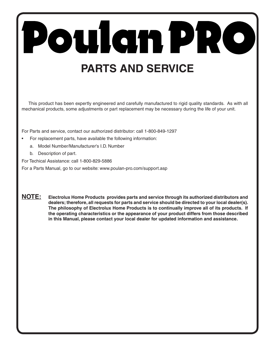 Parts and service | Poulan Pro PBGT26H54 LAWN TRACTOR User Manual | Page 32 / 32