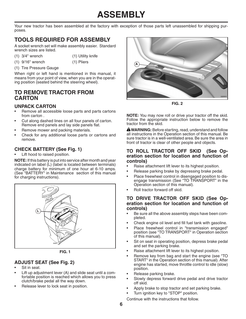 Assembly, Tools required for assembly | Poulan Pro PBGT26H54 LAWN TRACTOR User Manual | Page 6 / 32