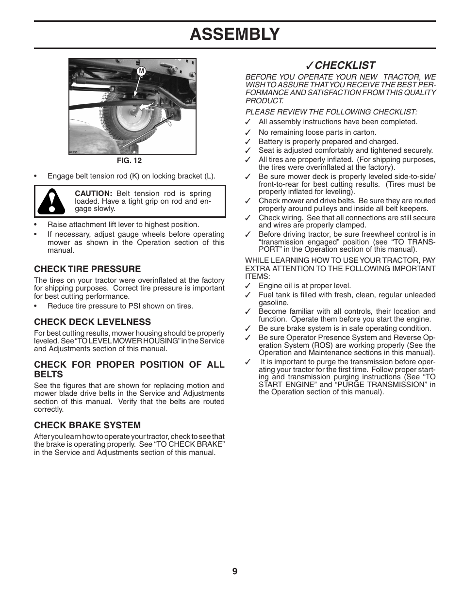 Assembly, Checklist | Poulan Pro PBGT26H54 LAWN TRACTOR User Manual | Page 9 / 32