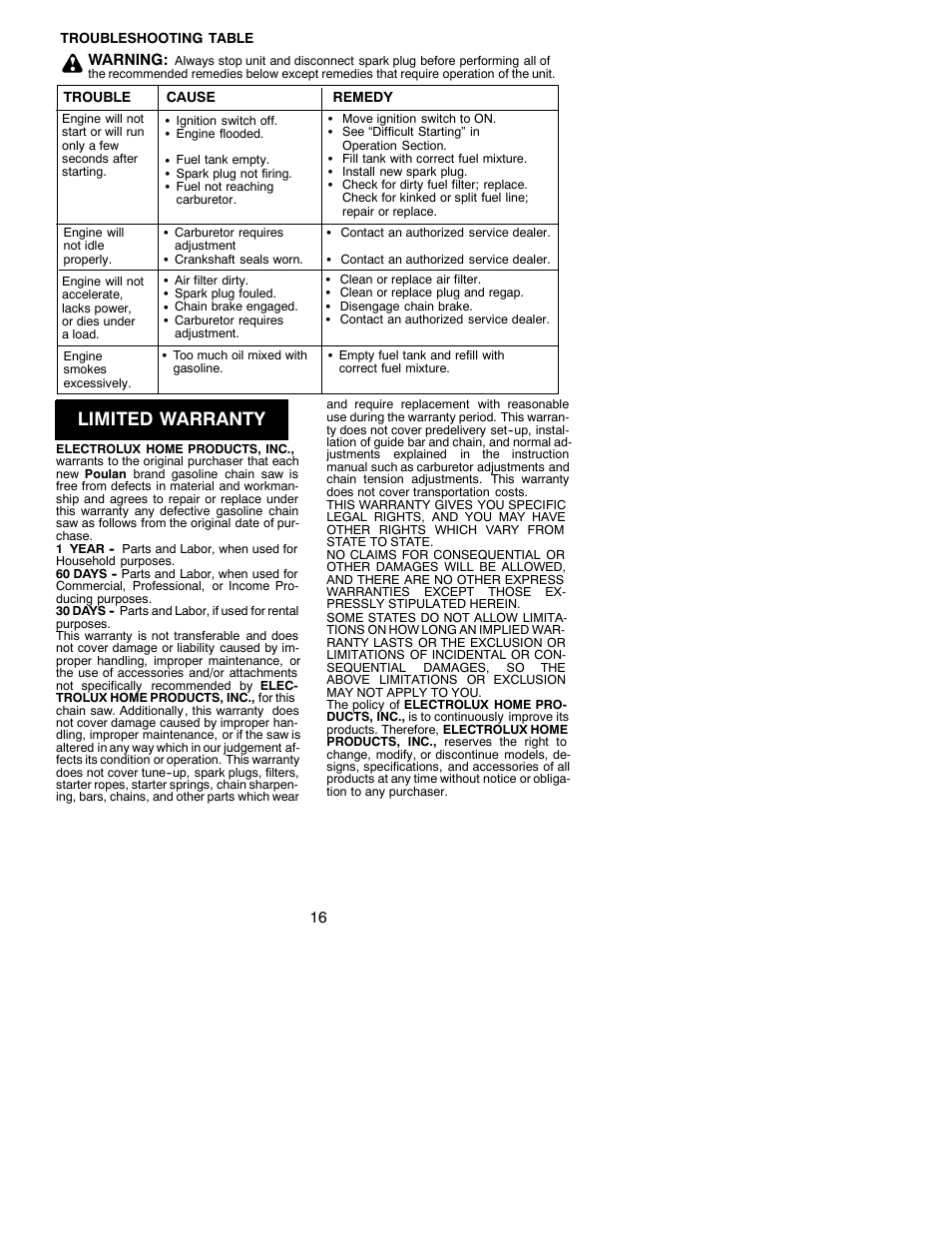 Limited warranty | Poulan 530086667 User Manual | Page 16 / 18