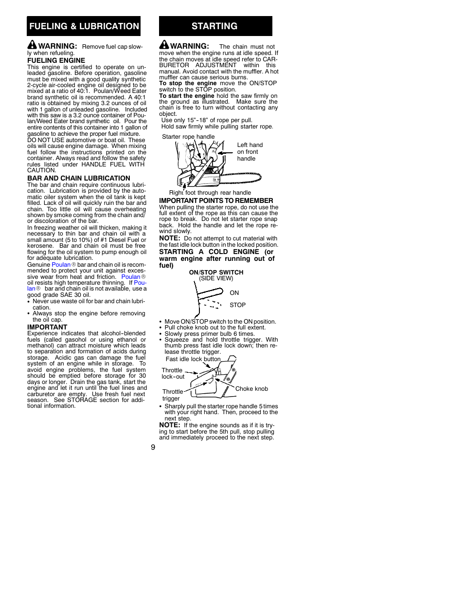 Starting, Fueling & lubrication | Poulan 530086667 User Manual | Page 9 / 18