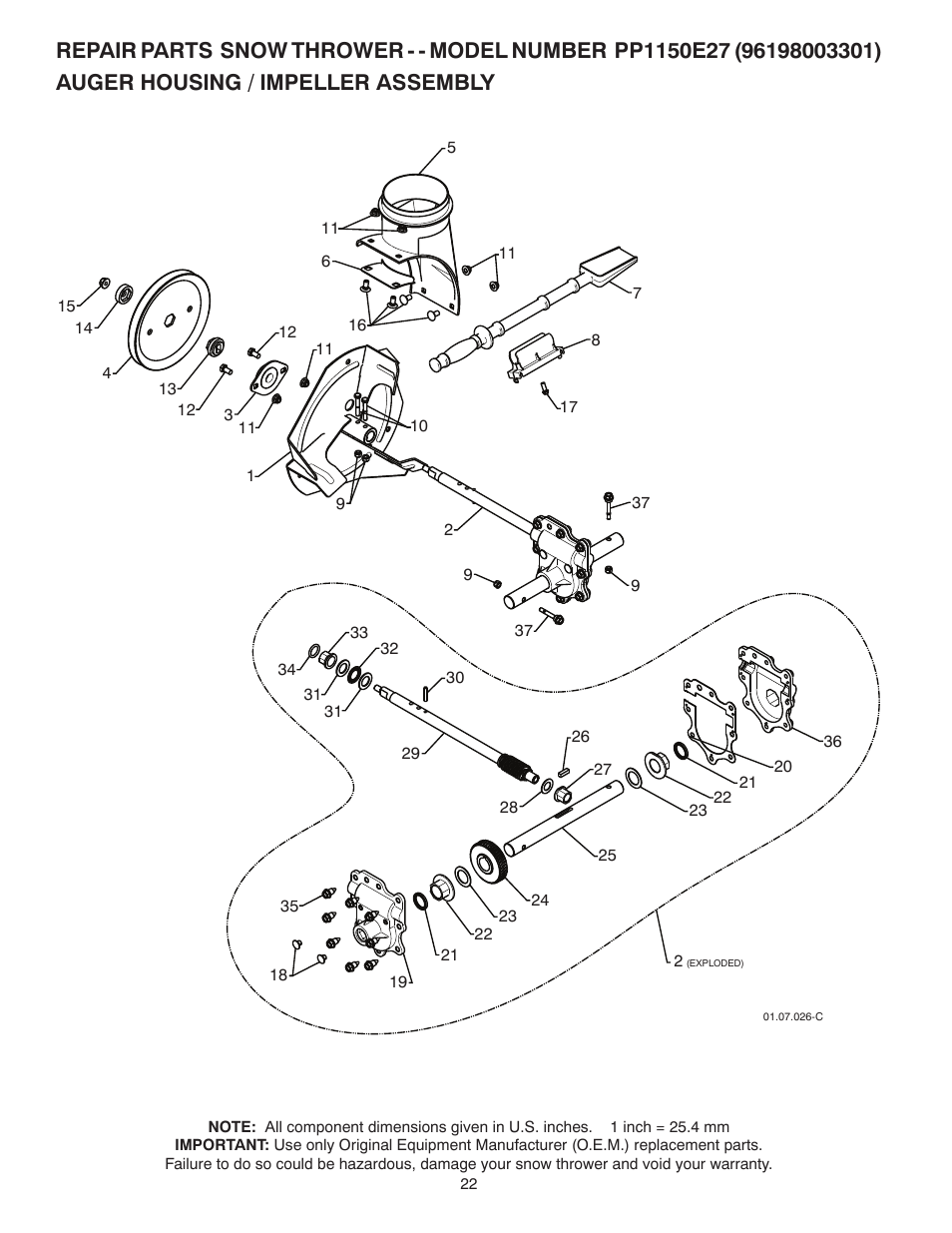 Repair parts, Auger housing / impeller assembly | Poulan 429264 User Manual | Page 22 / 44