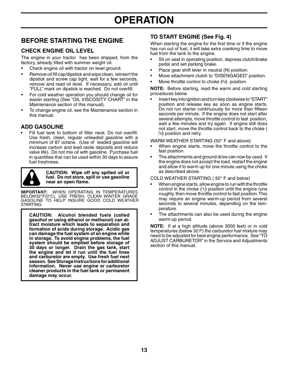 Operation, Before starting the engine | Poulan 194632 User Manual | Page 13 / 30