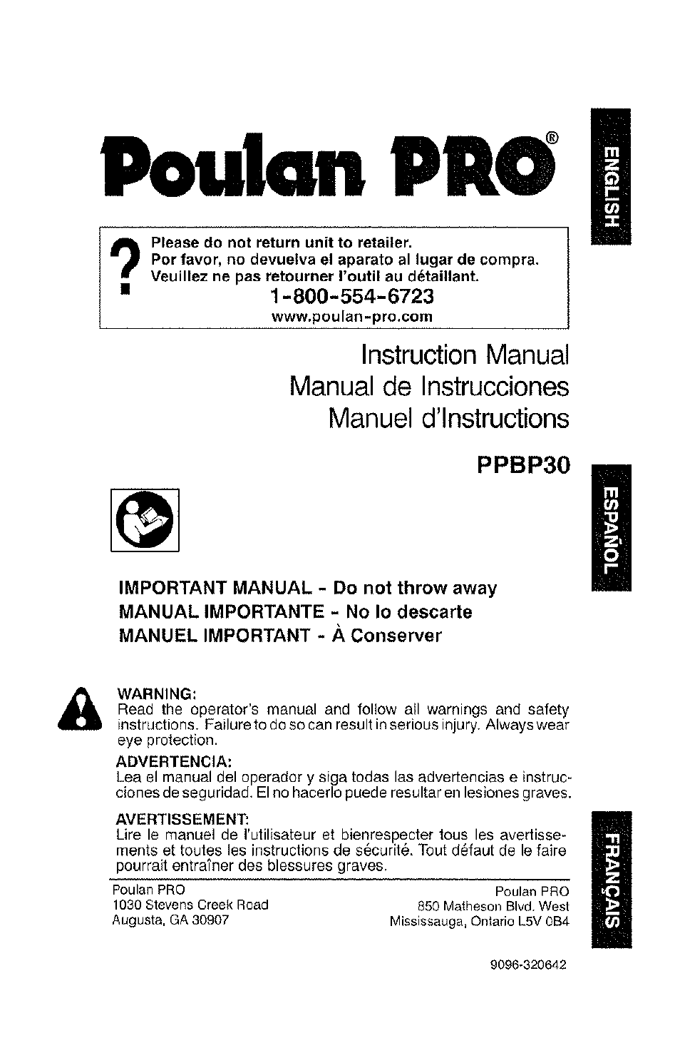 Poulan PPBP30-9096320642 User Manual | 15 pages