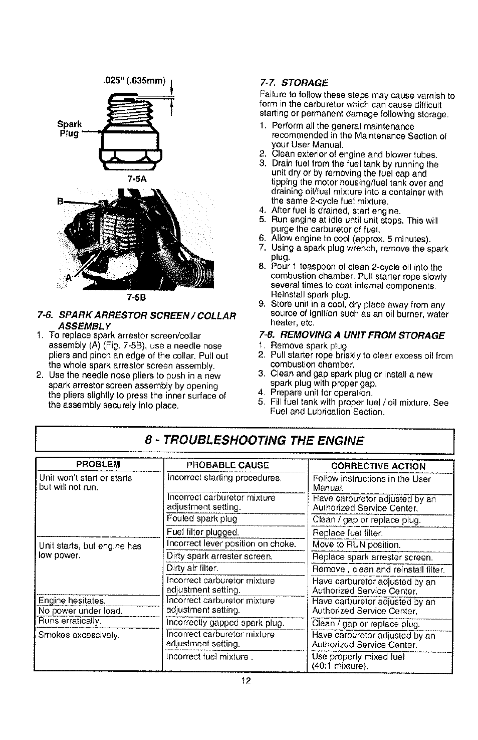 6. spark arrestor screen / collar assembly, 7, storage, 6. removing a unit from storage | 8 - troubleshooting the engine | Poulan PPBP30-9096320642 User Manual | Page 12 / 15