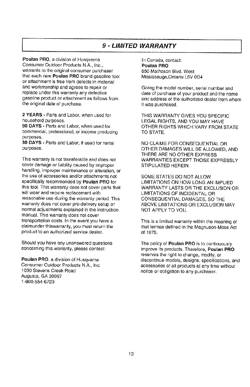 9 ~ umited warranty | Poulan PPBP30-9096320642 User Manual | Page 13 / 15