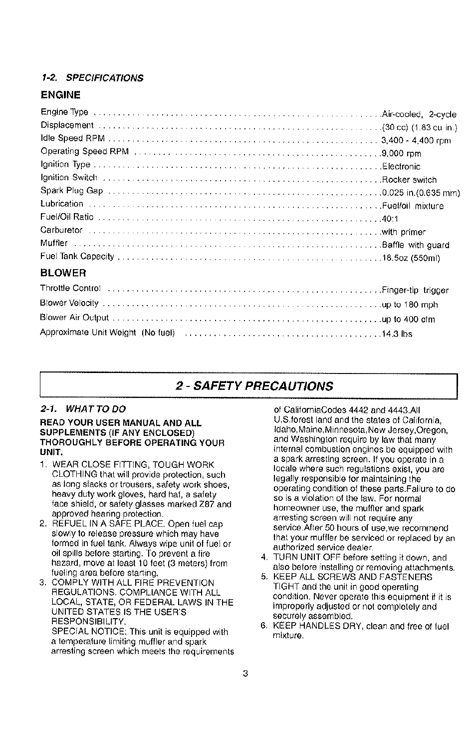 2. specifications engine, 1. what to do, 2 - safety precautions | Engine, Blower | Poulan PPBP30-9096320642 User Manual | Page 3 / 15