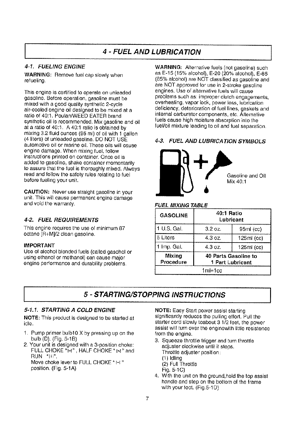 1. fueling engine, 2. fuel requirements, 3. fuel and lubrica tion symbols | 4 - fuel and lubrication, 5 - starting/stopping instructions | Poulan PPBP30-9096320642 User Manual | Page 7 / 15