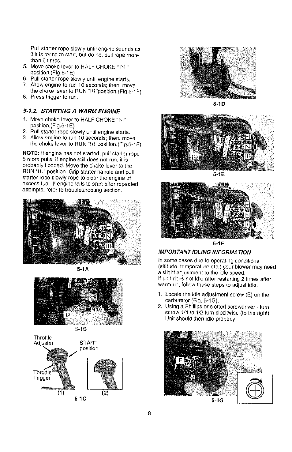 1.2. starting a warm engine, Important idling information | Poulan PPBP30-9096320642 User Manual | Page 8 / 15