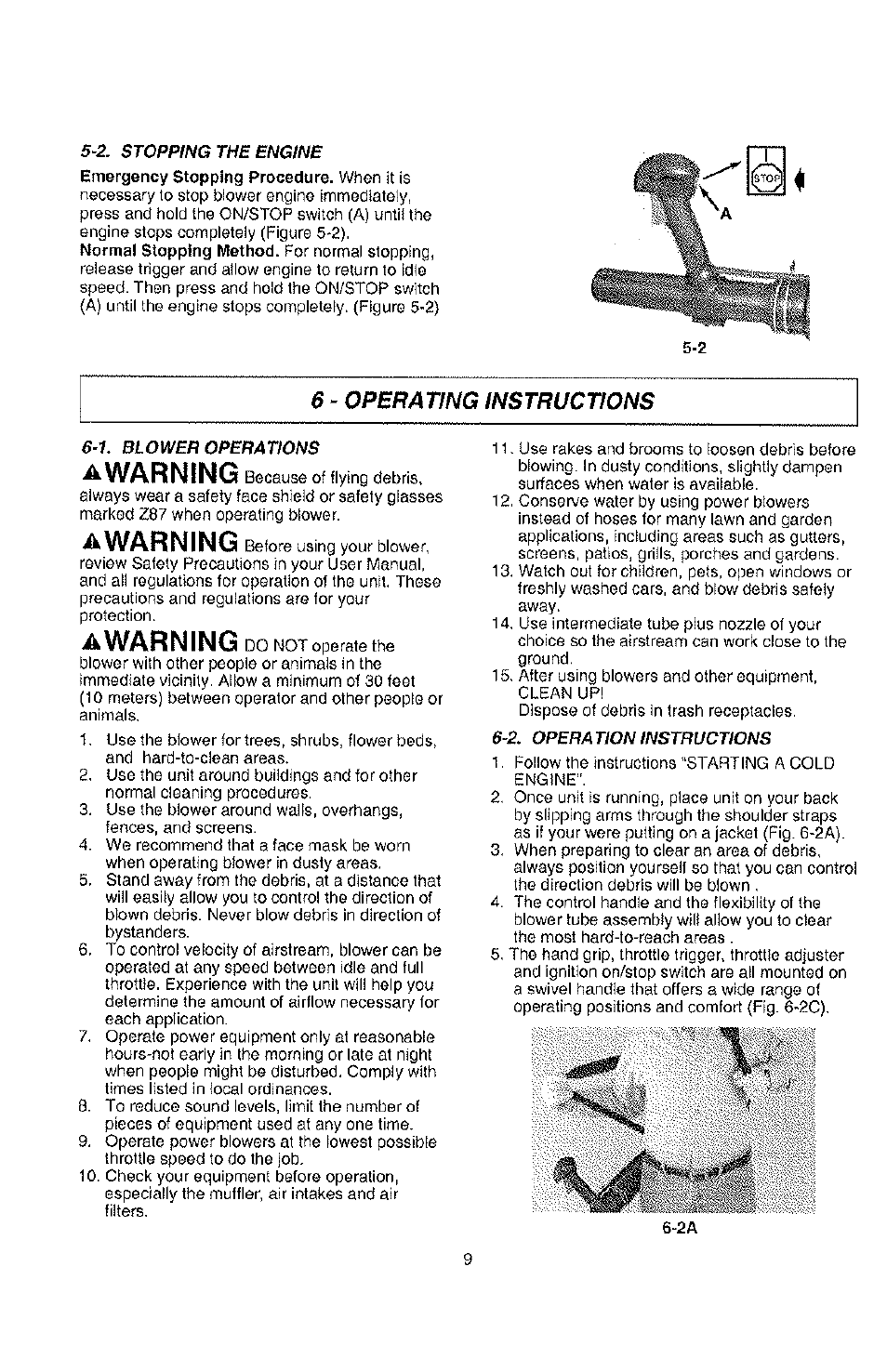 2. stopping the engine, 1. blower operations, 2. operation instructions | Awarning, 6 - operating instructions | Poulan PPBP30-9096320642 User Manual | Page 9 / 15