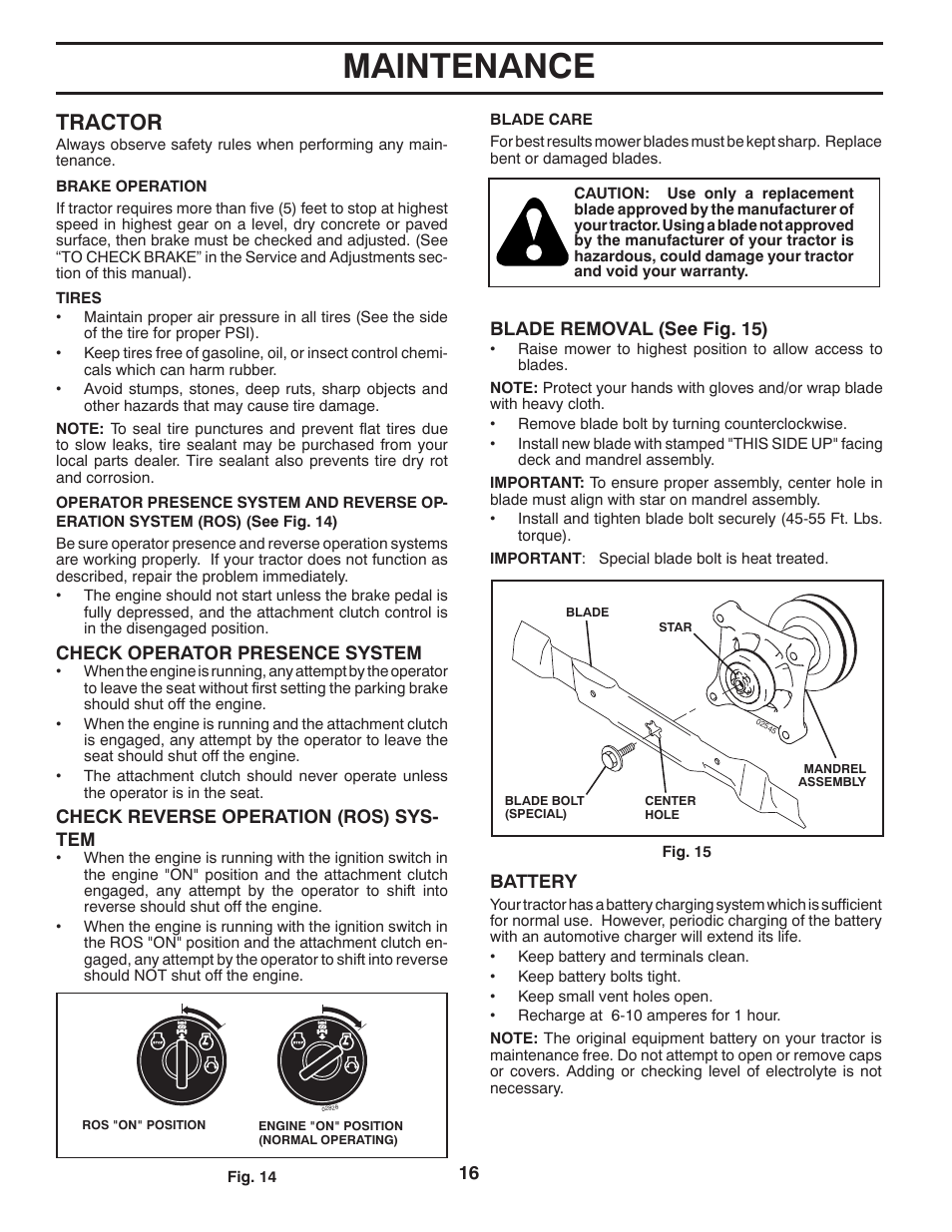 Maintenance, Tractor | Poulan Pro PP18542 User Manual | Page 16 / 32