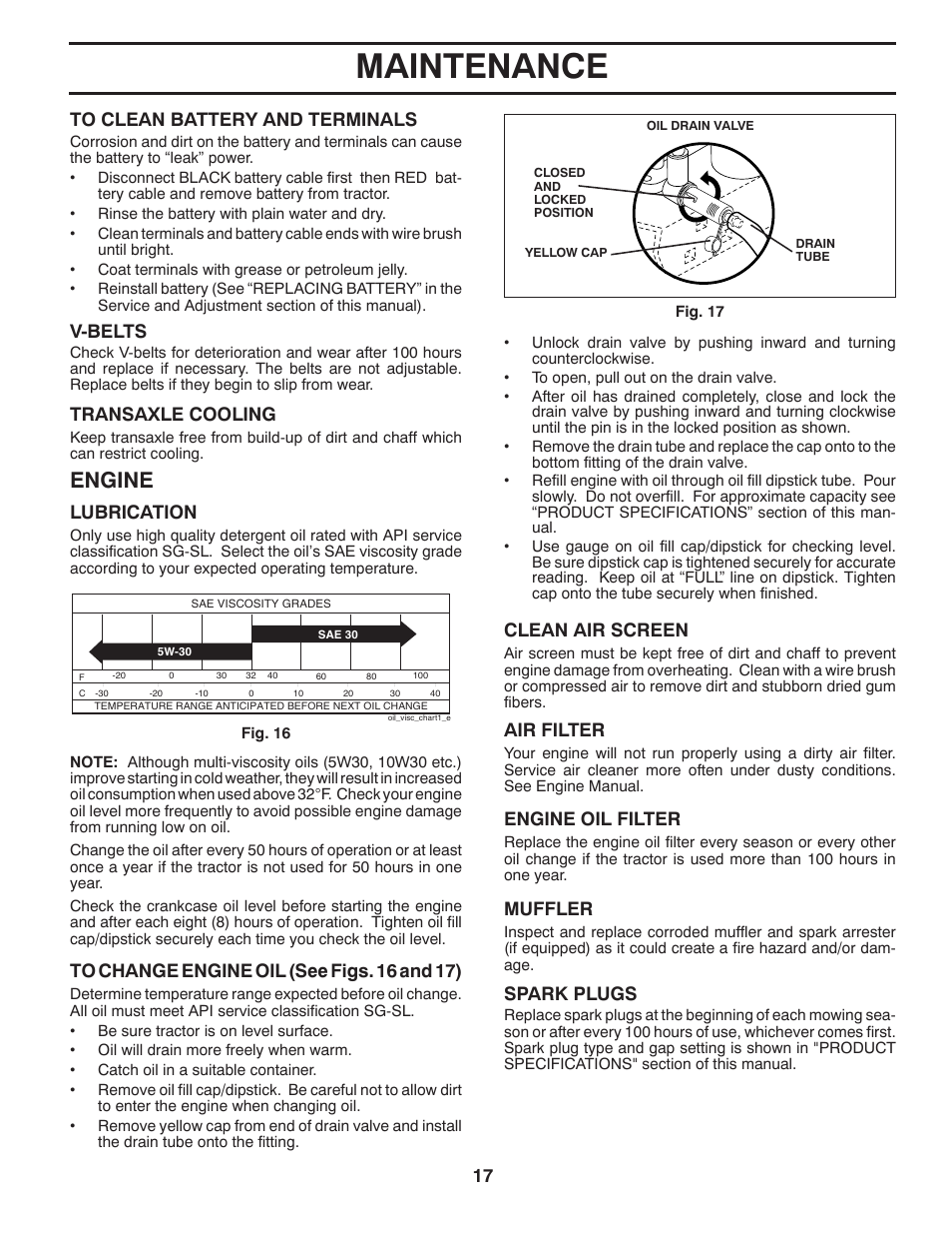 Maintenance, Engine, V-belts | Transaxle cooling, Lubrication, Air filter, Engine oil filter, Muffler, Spark plugs, Clean air screen | Poulan Pro PP18542 User Manual | Page 17 / 32