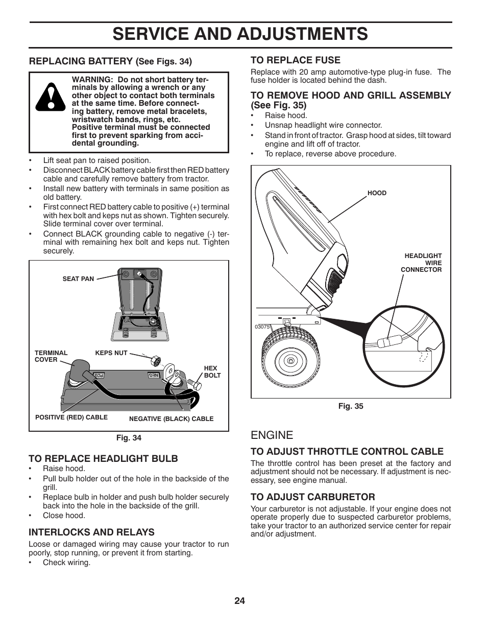 Service and adjustments, Engine | Poulan Pro PP18542 User Manual | Page 24 / 32