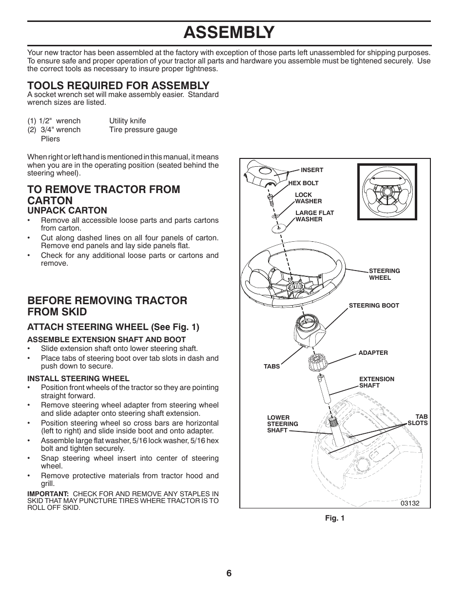 Assembly, Tools required for assembly, Before removing tractor from skid | Poulan Pro PP18542 User Manual | Page 6 / 32