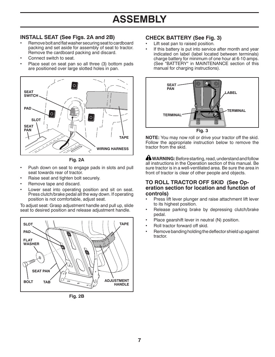 Assembly, Check battery (see fig. 3), Install seat (see figs. 2a and 2b) | Poulan Pro PP18542 User Manual | Page 7 / 32